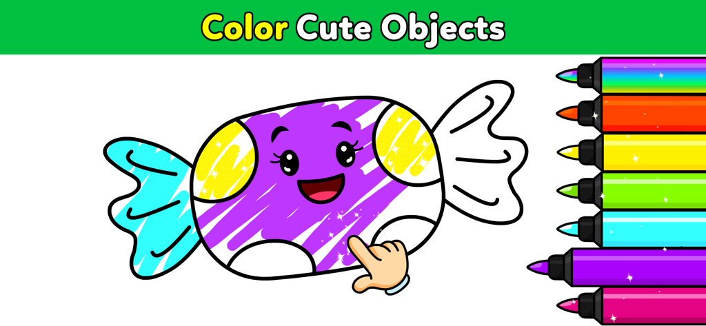 My Unicorn Coloring Club Games - Un niño coloreando un personaje de caramelo lindo y sonriente con rotuladores brillantes en la aplicación Unicorn Coloring Club