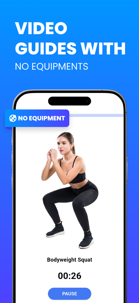 Mobile App-Oberfläche, die eine Körpergewichts-Kniebeugen-Videoanleitung für eine Heimtrainingseinheit ohne Ausrüstung anzeigt