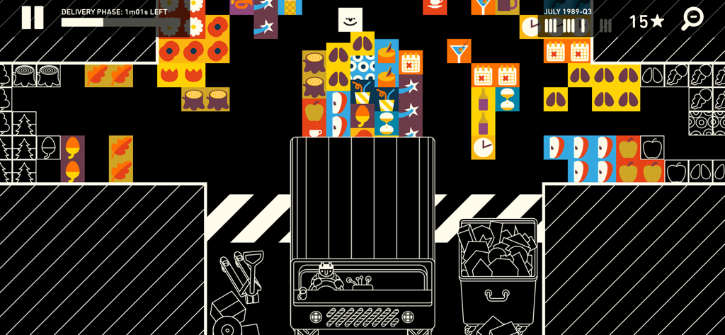 Wilmot's Warehouse - A minimalist puzzle game screen showing sorted product icons and a delivery truck in Wilmots Warehouse.