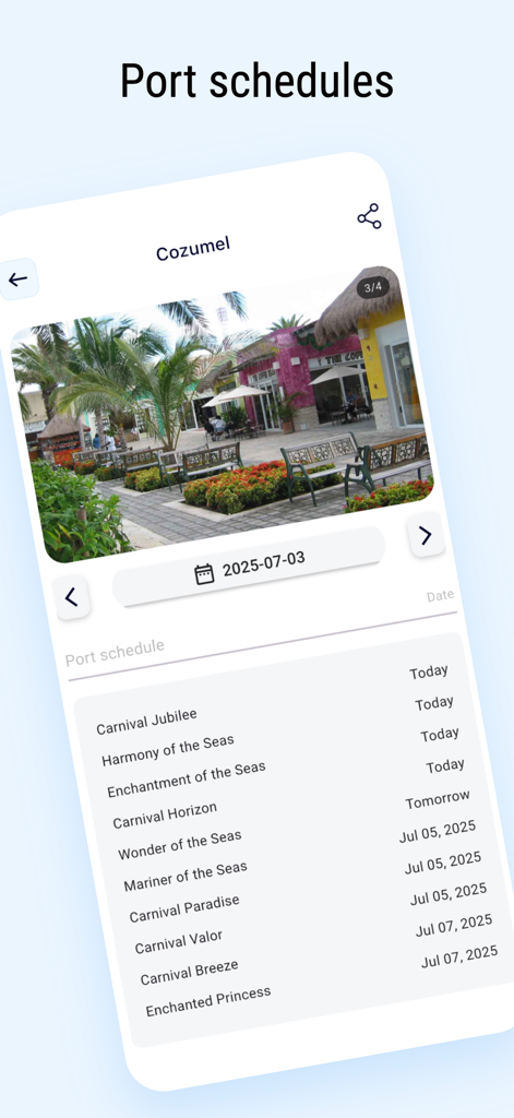 CruiseLegend - Cruise ship port schedule for Cozumel showing a list of upcoming ship arrivals and a photo of the port area