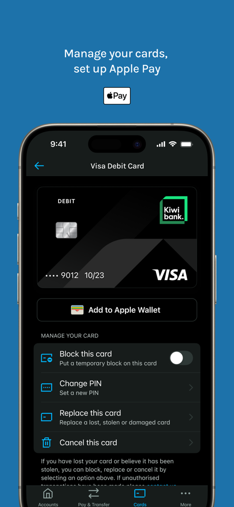 NZHL Mobile Banking - Interface of the NZHL Mobile Banking app showing Visa Debit card management and Apple Pay setup