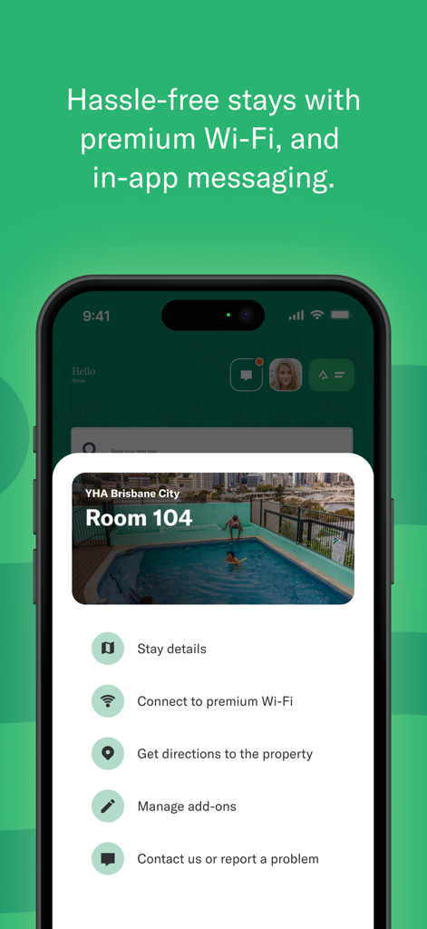 YHA Explorer - YHA Explorer mobile app interface showing booking details for YHA Brisbane City with options for Wi-Fi and support messaging.