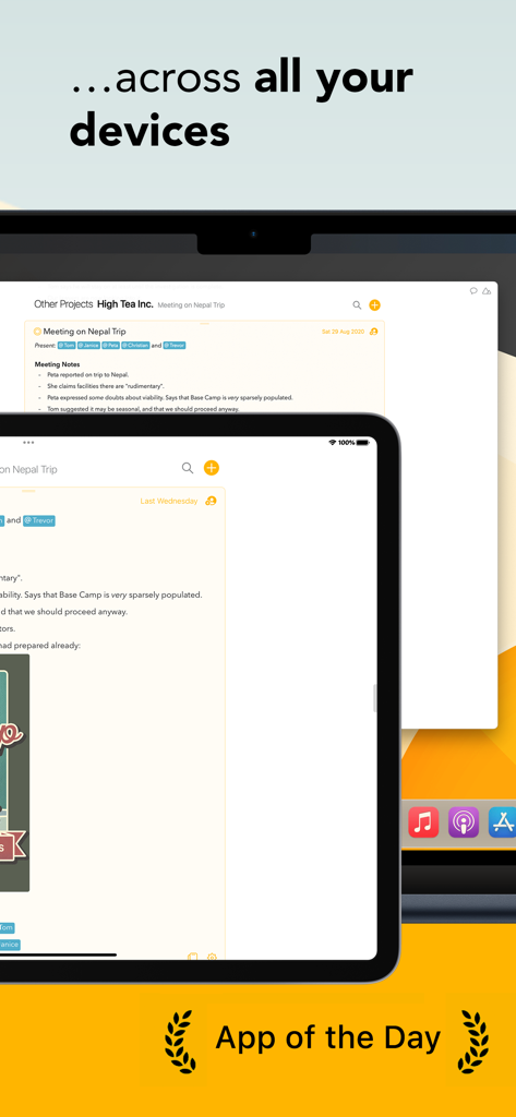 Agenda: Notes meets Calendar - Agenda note taking app showing synchronized project notes across a Mac and an iPad with an App of the Day badge
