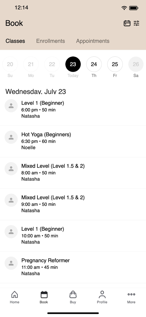 Evolution Pilates - Evolution Pilates app screen displaying a daily schedule of classes including yoga and reformer pilates with booking options
