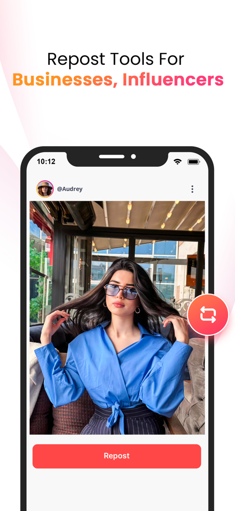 Fast Save - Instant DP - ソーシャルメディアコンテンツの目立つ再投稿ボタンが表示された写真を表示するモバイルアプリインターフェイス。
