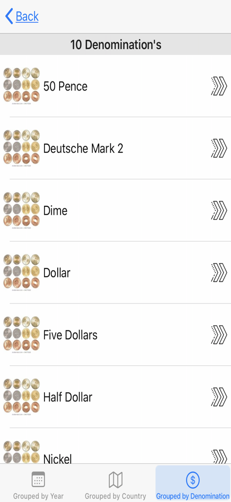 My Valuable Coin Collection - A list of coin denominations including dime dollar and nickel organized within the My Valuable Coin Collection app