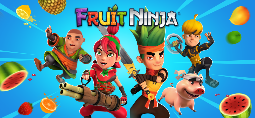 Fruit Ninja game logo and characters with flying fruits on a blue background