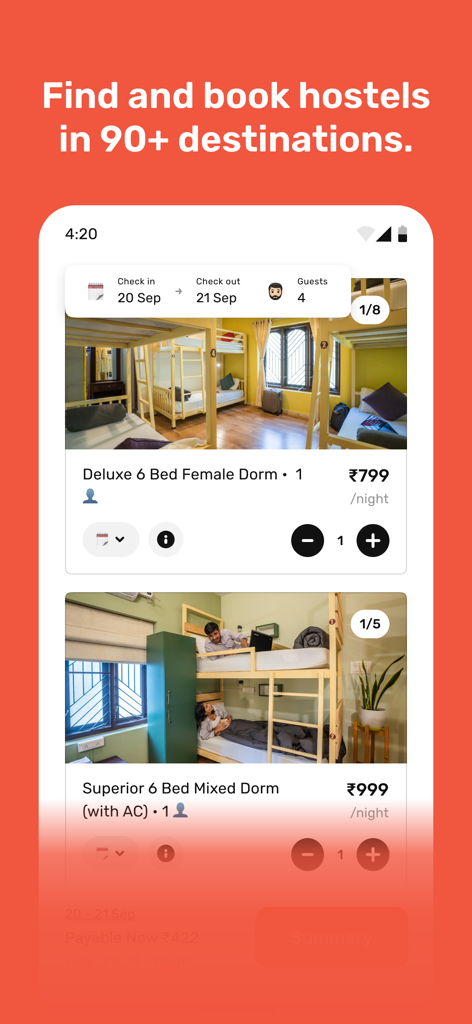 Zostel - Zo Trips - Zostel app screen showing hostel dorm room selection and pricing for female and mixed dorms