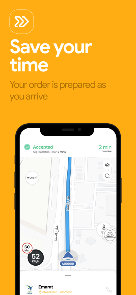 Drivu - your drive thru orders - Interface de l'application Drivu montrant le suivi GPS en temps réel d'une commande de nourriture sur une carte avec une heure d'arrivée estimée.