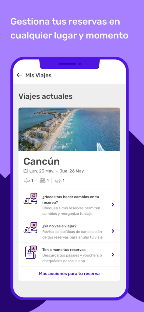 Interface of the Despegar app showing details and management options for a trip to Cancun