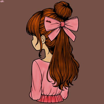 realistic girl  with hip length hair a bun and a big bow on the back of head