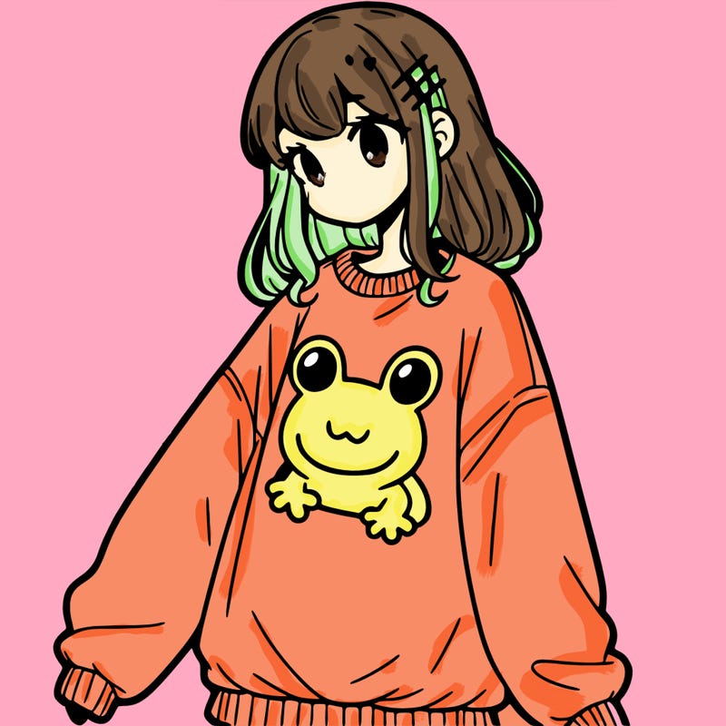 girl wearing frogging sweatshirt