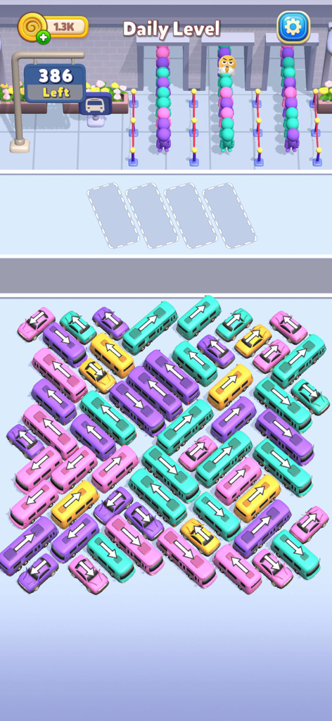 Una pantalla de juego móvil que muestra un puzzle de nivel diario en Bus Mania donde autobuses y coches coloridos están atascados en un aparcamiento con pasajeros esperando en fila.