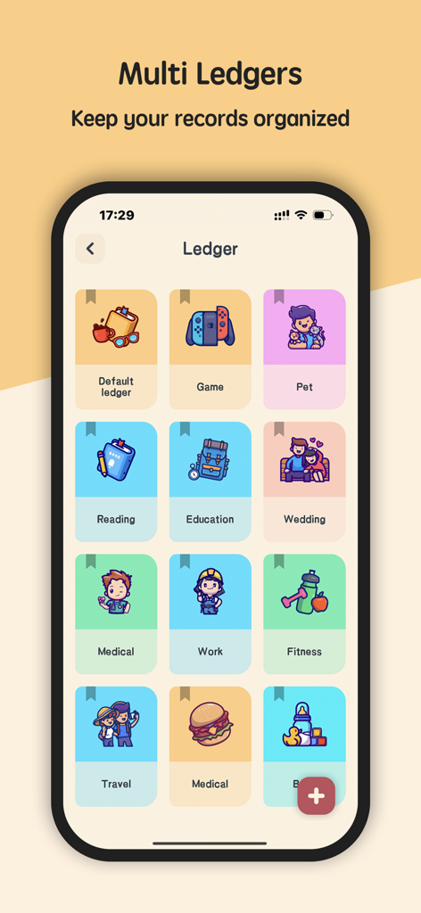 Meow Money manager - Una pantalla de aplicación móvil que muestra una cuadrícula de coloridas categorías de ledger con íconos lindos para organizar las finanzas personales.