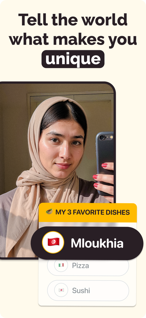 Une femme portant un hijab sur son écran de profil dans une application de rencontres musulmane avec des étiquettes de style de vie pour ses plats préférés