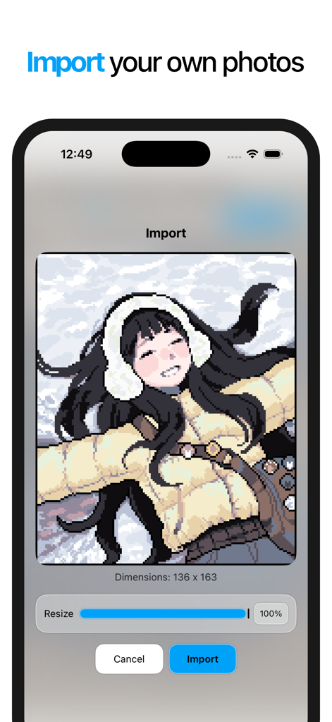 Pixquare - Color by Number - iPhone interface showing the feature to import and resize custom photos for pixel art coloring in Pixquare