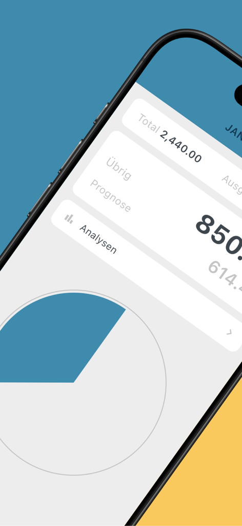 The BUDGT app interface showing a monthly finance overview with a spending pie chart and total balance
