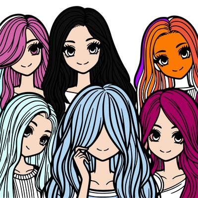 a group of five very pretty girls one with long hair covering her whole face