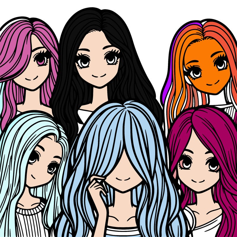 a group of five very pretty girls one with long hair covering her whole face