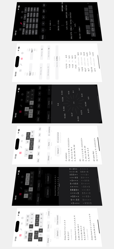 Composer Lab - A collection of screenshots from the Composer Lab app showing pitch set theory analysis and microtonal tuning modules.