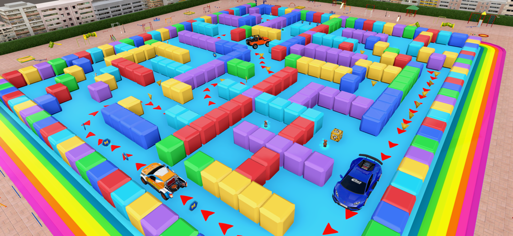 Customs Restore Cars Garage 3D - A colorful 3D maze with various cars navigating through block walls to collect parts