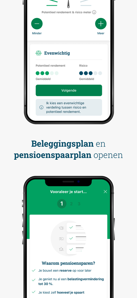 Argenta Banking - Captures d'écran de l'application Argenta Banking montrant comment ouvrir des plans d'investissement et d'épargne-retraite