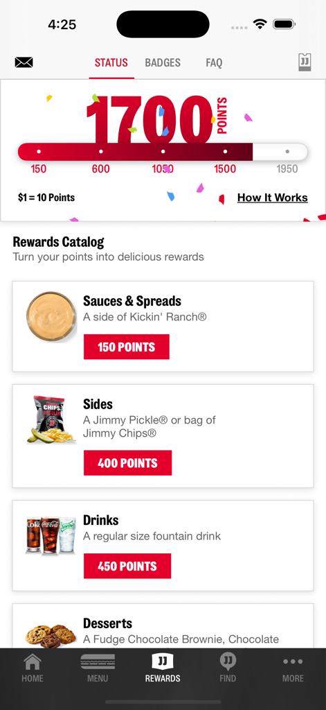 Jimmy John's App-Prämienscreen, der Treuepunkte und einen Katalog von einlösbaren Artikeln wie Saucen, Beilagen und Getränke anzeigt.