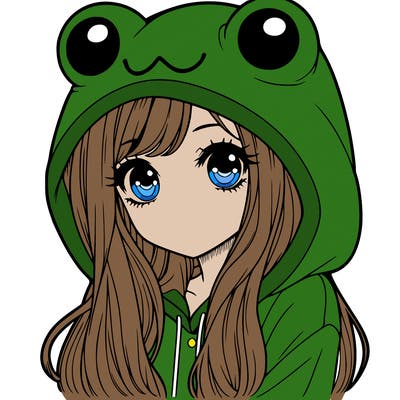 a pretty girl wearing a frog hoodie portrait with long hair