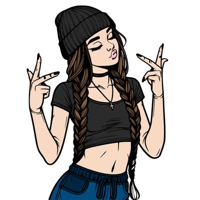 realistic teenage girl with braids and a beanie and crop top doing 🫶🏼
