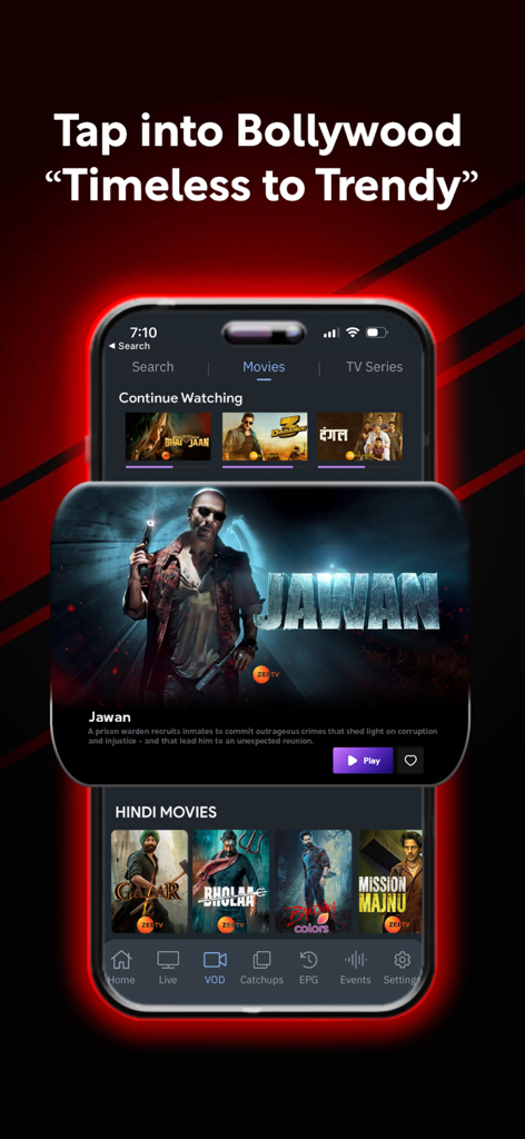 KaroStream - KaroStream app interface showing a selection of Bollywood movies and Hindi films on a smartphone screen