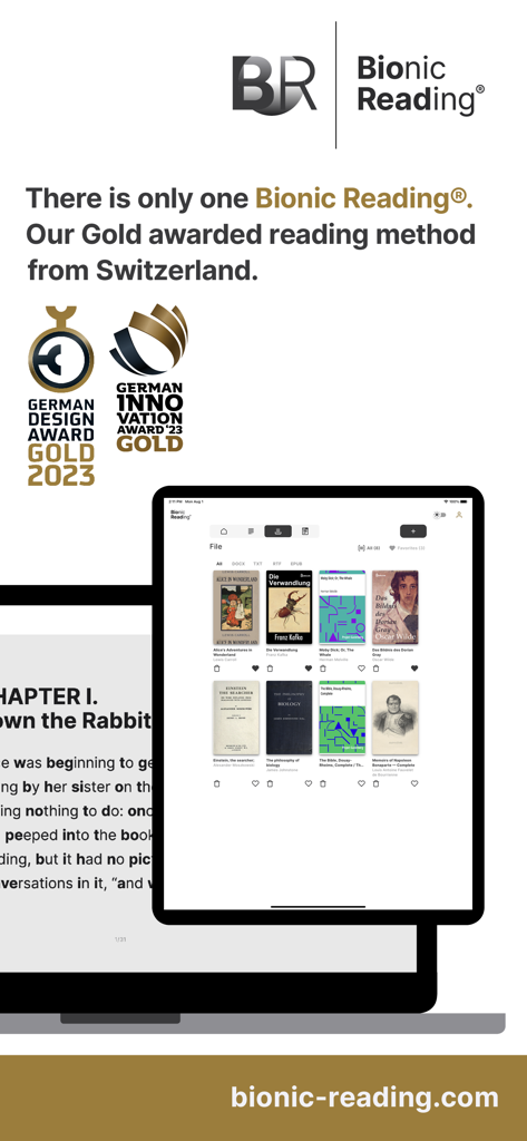 Interfaz de la aplicación Bionic Reading en tablet y portátil con los premios Gold Design y Innovation 2023