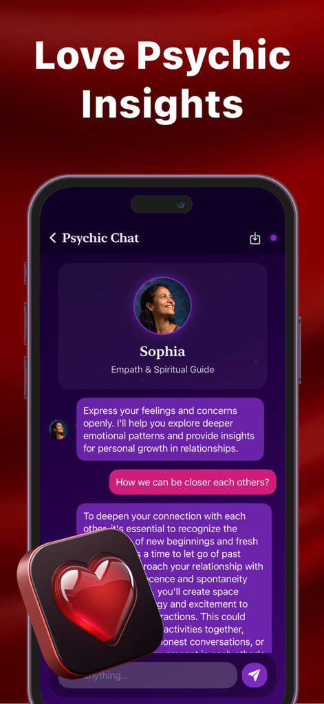 Interfaz de chat con un guía espiritual de IA ofreciendo consejos personalizados sobre relaciones.