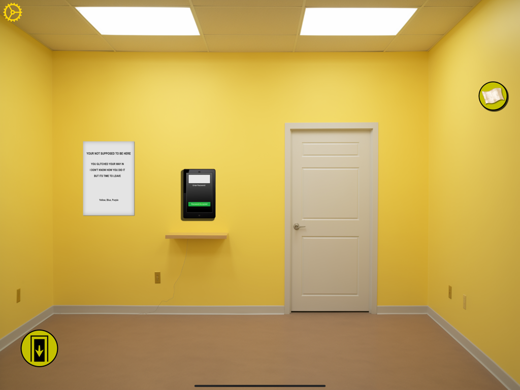 The Backrooms - Uma sala amarela com uma porta branca e um tablet de segurança em The Backrooms game