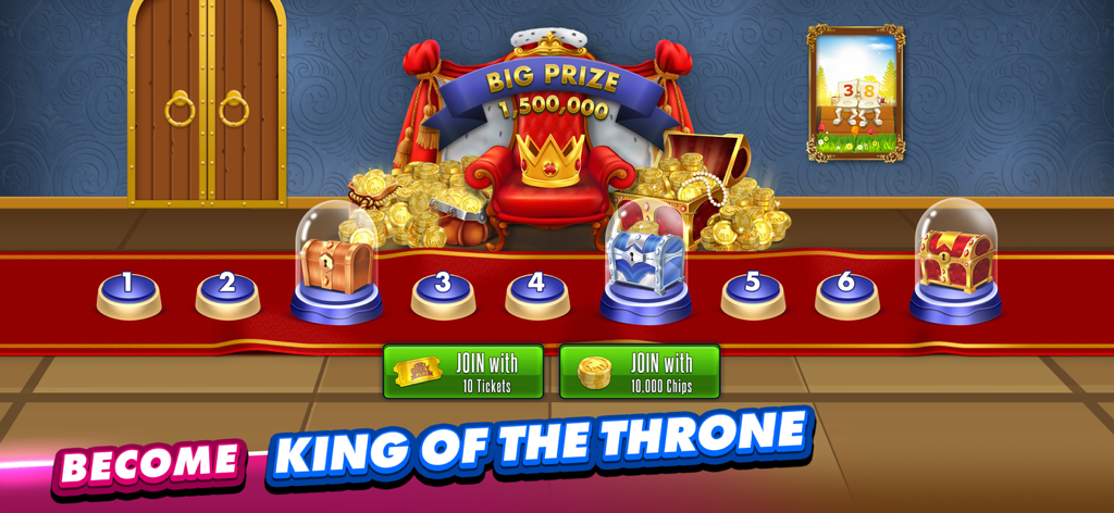Okey Plus - Okey Plus game event screen titled Become King of the Throne featuring a grand prize banner and reward chests