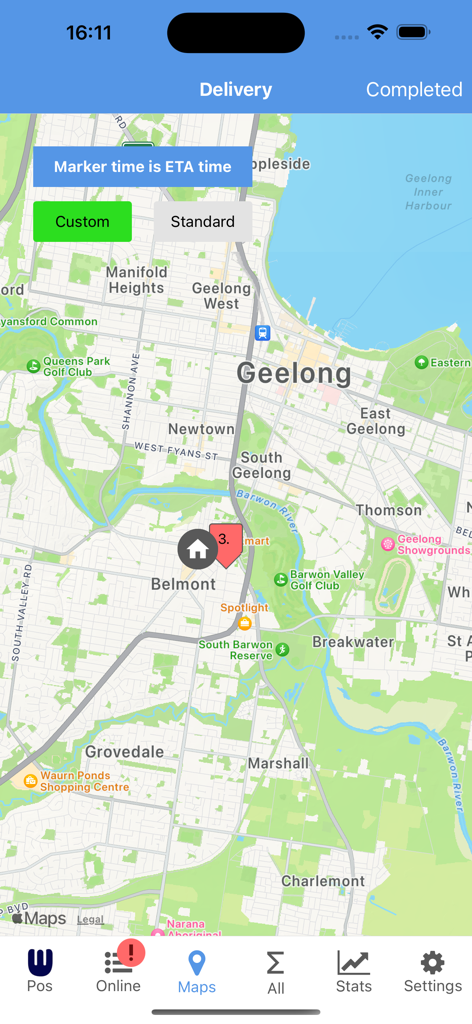 Whoods - Whoods app delivery tracking interface showing a map with order locations and ETA markers for restaurant management.