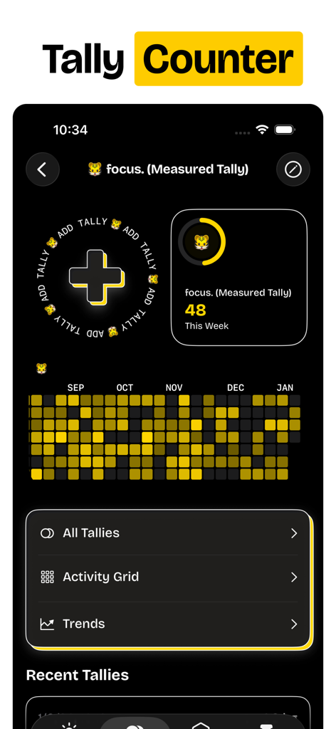 Habit Tracker — timespent - Habit tracker app screen showing a tally counter and a color coded activity heatmap.