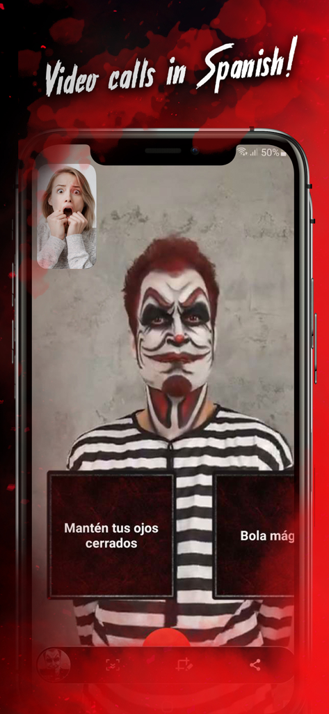 Killer Clown Calls You - A scary killer clown video call simulation with Spanish language options and a shocked user reaction