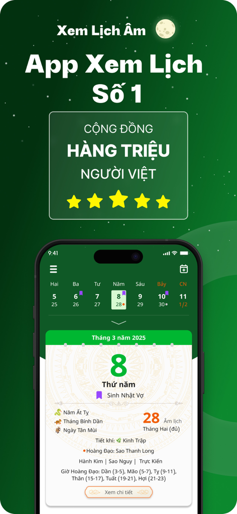 Lịch Âm - Lịch Vạn Niên 2026 - Interfaz de la aplicación de calendario lunar vietnamita mostrando fechas solares y lunares diarias