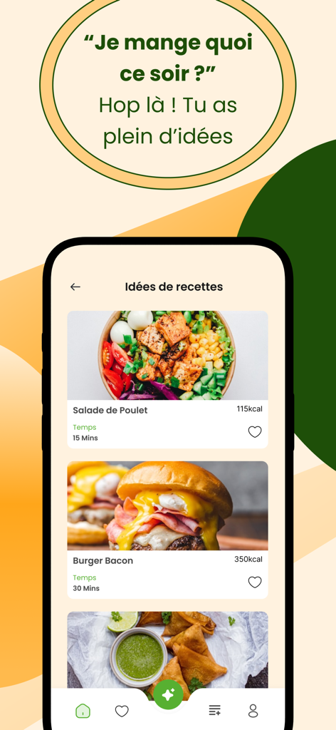 EatEasy mobile App-Bildschirm, der personalisierte Rezeptideen anzeigt, darunter Hühnersalat und Speck-Burger mit Kalorienangaben und Kochzeiten