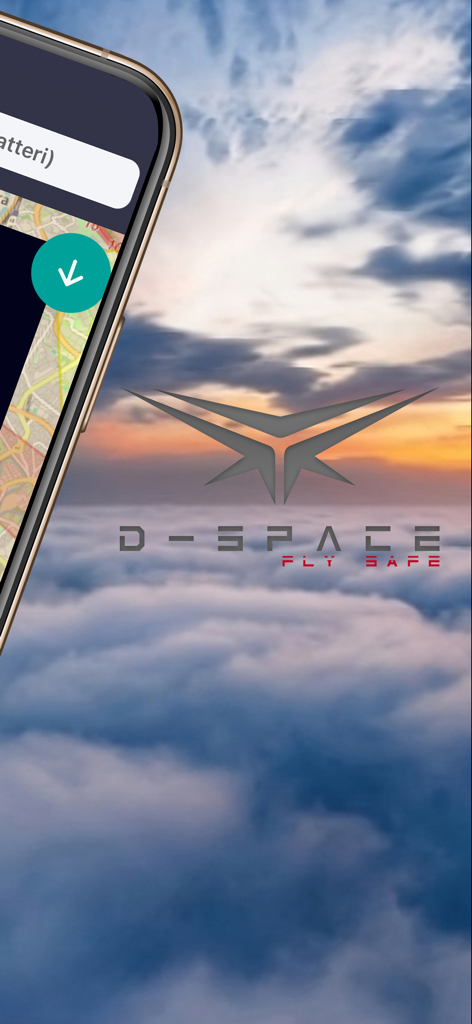 D-Space drone flight safety app splash screen featuring logo and map interface over clouds