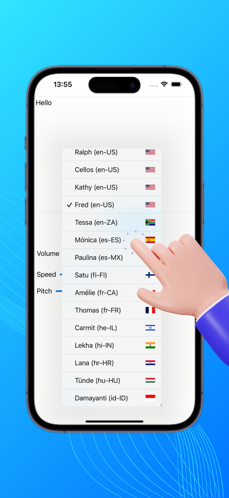 TTS: Voice Aloud Reader - Pantalla de smartphone que muestra una lista de diferentes voces de idiomas y ajustes de audio en la aplicación TTS Voice Aloud Reader