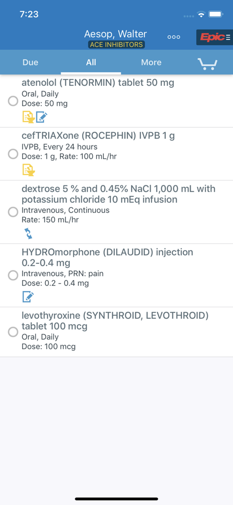 Epic Rover - A patient medication administration list in the Epic Rover mobile app showing dosages and clinical details.