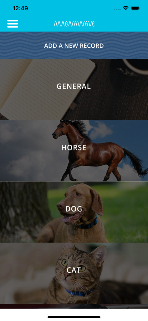 Magna Wave app interface showing options to add a new record for general horse dog or cat sessions