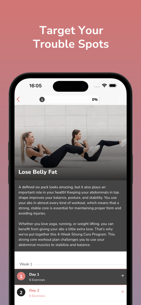 Female Workouts - Interfaz de la aplicación Female Workouts mostrando un plan de entrenamiento de core y un programa de 4 semanas para perder grasa abdominal.