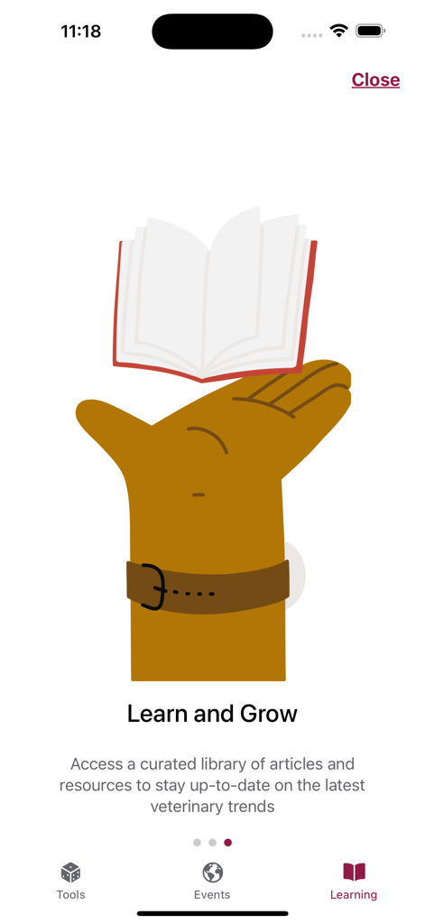 Vetool - Vetool app screen showing the Learn and Grow section for veterinary articles and research trends