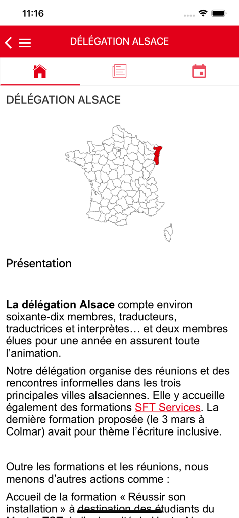 SFT - Captura de pantalla de la aplicación SFT que muestra la página de la delegación regional de Alsacia con un mapa de Francia resaltando la región.