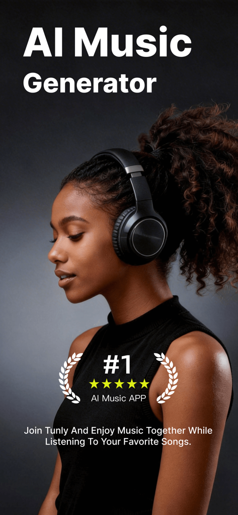 Tunly-AI Music&Song Generator - A young woman wearing headphones with a background title for Tunly AI Music Generator app