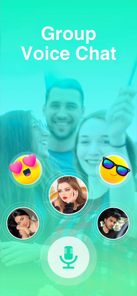 Falla-Make new friends - Falla app interface for group voice chat featuring user profiles and a microphone icon