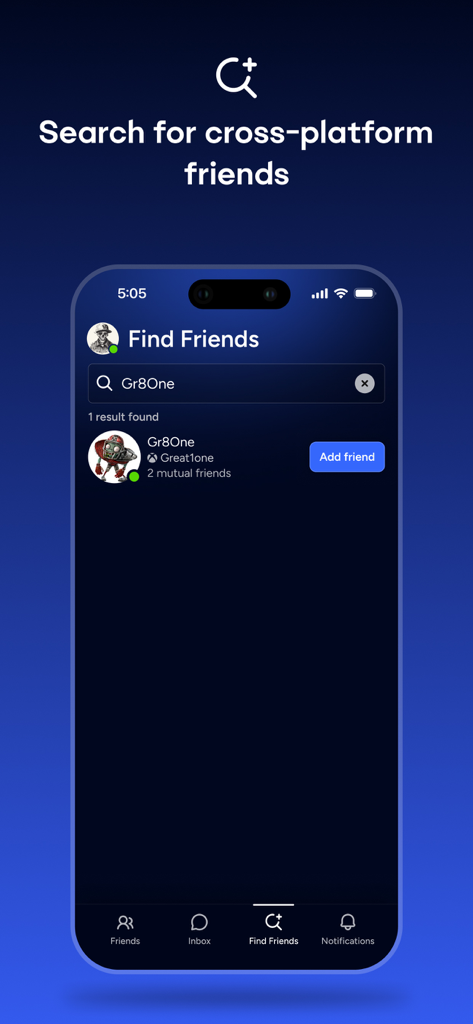 EA Connect - EA Connect app interface showing the search for cross-platform friends feature with a result for Gr8One.