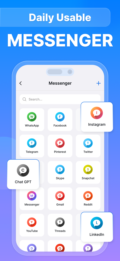All in one Messenger - Oberfläche der All-in-One Messenger App, die ein Raster von Symbolen für verschiedene soziale Medien und Messaging-Plattformen wie WhatsApp und Instagram zeigt